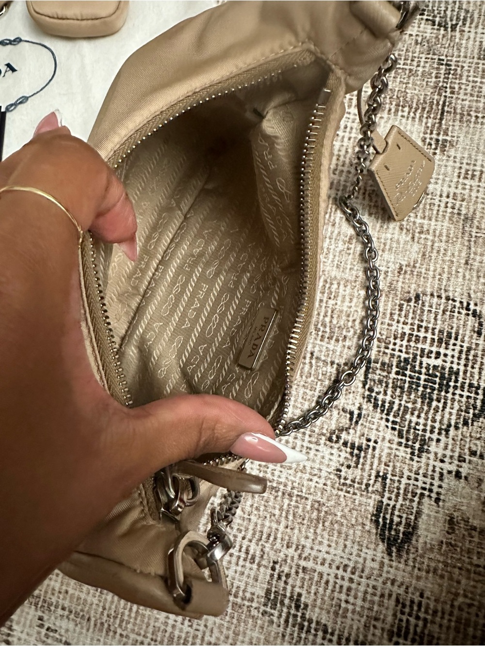 Prada Beige Nylon Shoulder Bag with Chain Handle and Detachable Strap - Picture 3 of 6
